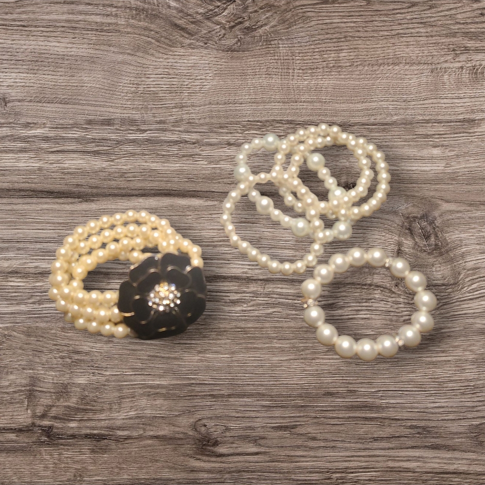 Elegant Pearl Bracelet Set with Black Flower Accent, Bundle Costume Jewelry